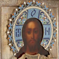 Christ Pantocrator A silver gilt and cloisonn enamel Russian Icon - 2712523