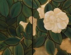 Circa 1925 Taisho era Japanese Nihonga Screen Camellia Bamboo - 4096512