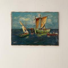 Circa 1950 Trade Ships Oil on Canvas Italy - 1792723