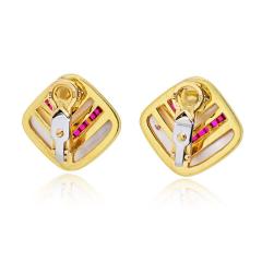 Circa 1980s 18K Yellow Gold Mother Of Pearl Diamond And Ruby Earrings - 4452951