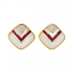 Circa 1980s 18K Yellow Gold Mother Of Pearl Diamond And Ruby Earrings - 4454376