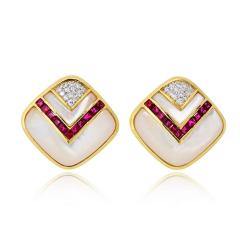 Circa 1980s 18K Yellow Gold Mother Of Pearl Diamond And Ruby Earrings - 4454385