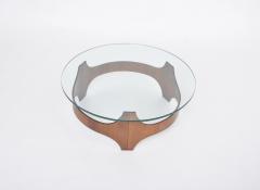 Circular Midcentury coffee table with wooden base glass top - 3800793