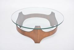 Circular Midcentury coffee table with wooden base glass top - 3800795