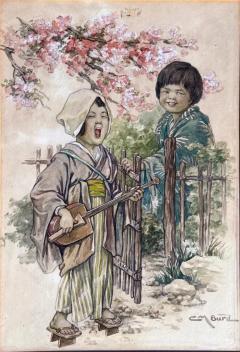 Clara Miller Burd Japanese Children in Traditional Dress Playing Shamisen Woman Artist - 3529131