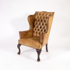 Classic Large Scale English Ochre Tufted Leather Wing Chair Circa 1900  - 3203618
