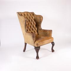 Classic Large Scale English Ochre Tufted Leather Wing Chair Circa 1900  - 3203624