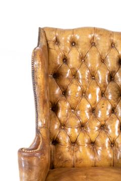 Classic Large Scale English Ochre Tufted Leather Wing Chair Circa 1900  - 3203625