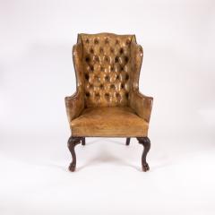 Classic Large Scale English Ochre Tufted Leather Wing Chair Circa 1900  - 3203626
