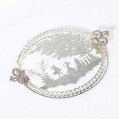 Classical Reversed Etched Mirrored Tray w Pastoral Scene Twisted Glass Border - 4720073