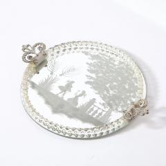 Classical Reversed Etched Mirrored Tray w Pastoral Scene Twisted Glass Border - 4720076