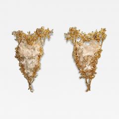 Claude Victor Boeltz Claude Boeltz 24kt Gold Plated Exploded Bronze V Shape Sconces w Rock Crystals - 4143419