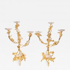 Claude Victor Boeltz Pair of 24Kt Gold Triple Branch Candlesticks w Rock Crystals by Claude Boeltz - 1563282