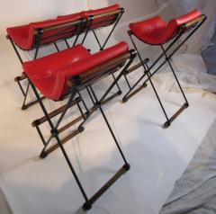 Cleo Baldon Four Cleo Baldon Wrought Iron and Oak Bar Stools Vintage Tomato Red Cushions - 570045