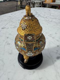 Cloisonne and Enameled Gilted Foo Dog Incense Burner on Wood Stand - 4519025