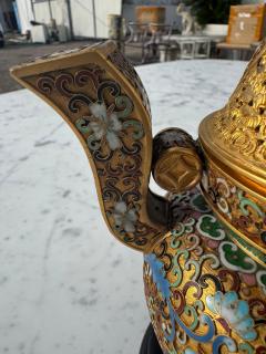 Cloisonne and Enameled Gilted Foo Dog Incense Burner on Wood Stand - 4519085