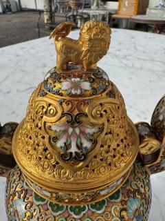 Cloisonne and Enameled Gilted Foo Dog Incense Burner on Wood Stand - 4519086