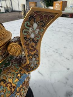 Cloisonne and Enameled Gilted Foo Dog Incense Burner on Wood Stand - 4519089