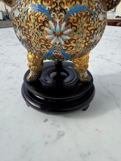 Cloisonne and Enameled Gilted Foo Dog Incense Burner on Wood Stand - 4519104