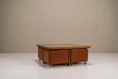 Coffee Table In Cherry Wood With Four Faux Mobile Poufs Italy 1970s - 3297661