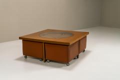 Coffee Table In Cherry Wood With Four Faux Mobile Poufs Italy 1970s - 3297662