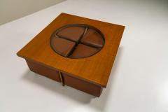 Coffee Table In Cherry Wood With Four Faux Mobile Poufs Italy 1970s - 3297663
