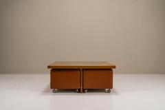 Coffee Table In Cherry Wood With Four Faux Mobile Poufs Italy 1970s - 3297665