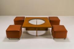 Coffee Table In Cherry Wood With Four Faux Mobile Poufs Italy 1970s - 3297670