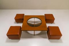 Coffee Table In Cherry Wood With Four Faux Mobile Poufs Italy 1970s - 3297671