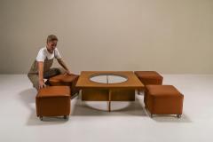 Coffee Table In Cherry Wood With Four Faux Mobile Poufs Italy 1970s - 3297672
