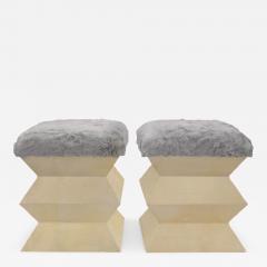 Constantin Br ncu i Chic Pair of Zig Zag Benches in Lacquered Goatskin with Gray Fur Seats 1970s - 3968308