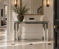 Constructivist Style Console Table Chromed Steel Beveled Glass USA 1980s - 4780477