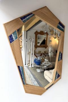 Contemporary Asymmetrical Mirror Rattan Marquetry and Enamel Metal Italy - 4591473