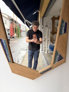 Contemporary Asymmetrical Mirror Rattan Marquetry and Enamel Metal Italy - 4591479