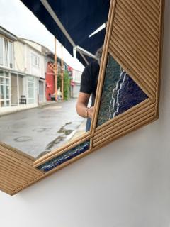 Contemporary Asymmetrical Mirror Rattan Marquetry and Enamel Metal Italy - 4591481