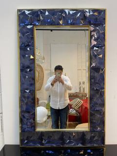 Contemporary Brass Mirror Blue Murano Glass Italy - 2166935