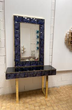 Contemporary Brass Mirror Blue Murano Glass Italy - 2166944