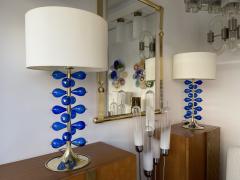 Contemporary Brass Pair of Lamps Blue Murano Glass Bubble Drop Italy - 1843306