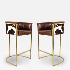 Contemporary Brown Leather and Cow Hide Bar Stools - 4198988