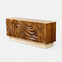 Contemporary Brutalist Carved Oak and Travertine Sideboard - 3222030