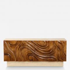 Contemporary Brutalist Carved Oak and Travertine Sideboard - 3224601