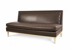 Contemporary Embroidered Brown Leather and Painted Wood Sofa - 2794494