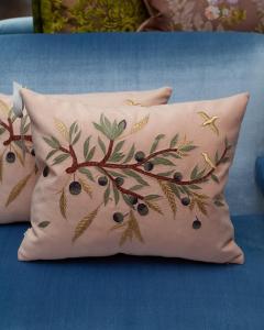 Contemporary Embroidered Pillow on Soft Pink Ultrasuede with Dove Olive Branch - 3317992