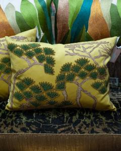 Contemporary Embroidered Pillow on Yellow Green Ultrasuede with Pine Trees - 3317987