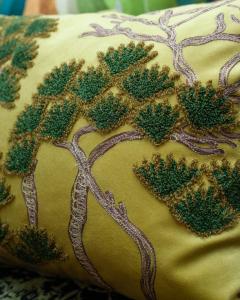 Contemporary Embroidered Pillow on Yellow Green Ultrasuede with Pine Trees - 3317988