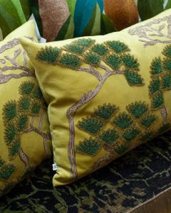 Contemporary Embroidered Pillow on Yellow Green Ultrasuede with Pine Trees - 3317989