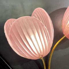 Contemporary Italian 2 Branch Pink Murano Glass Tulip Flower Gold Brass Sconces - 4135739