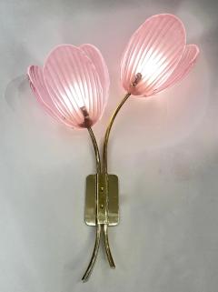 Contemporary Italian 2 Branch Pink Murano Glass Tulip Flower Gold Brass Sconces - 4135740