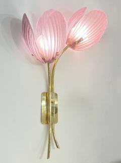 Contemporary Italian 2 Branch Pink Murano Glass Tulip Flower Gold Brass Sconces - 4135742