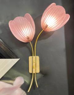 Contemporary Italian 2 Branch Pink Murano Glass Tulip Flower Gold Brass Sconces - 4135743